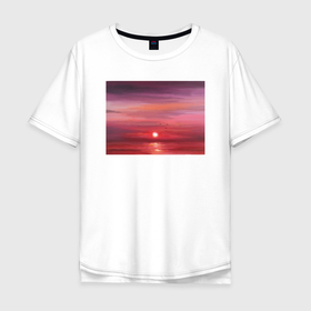 Мужская футболка хлопок Oversize с принтом Сочный закат на море в Екатеринбурге, 100% хлопок | свободный крой, круглый ворот, “спинка” длиннее передней части | авторская работа | белый | бордовый | вечер | вечер на море | вода | живопись | закат | закат на море | картина маслом | картина футболке | красный | море | море и солнце | небо | оранжевый