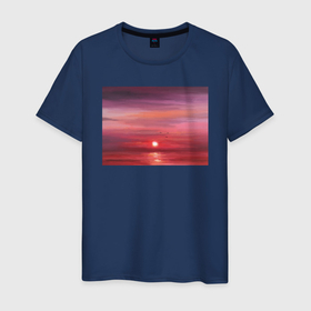 Мужская футболка хлопок с принтом Сочный закат на море в Екатеринбурге, 100% хлопок | прямой крой, круглый вырез горловины, длина до линии бедер, слегка спущенное плечо. | авторская работа | белый | бордовый | вечер | вечер на море | вода | живопись | закат | закат на море | картина маслом | картина футболке | красный | море | море и солнце | небо | оранжевый