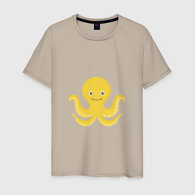 Мужская футболка хлопок с принтом Осьминог Желтый Улыбается , 100% хлопок | прямой крой, круглый вырез горловины, длина до линии бедер, слегка спущенное плечо. | глаза | детские | картинки | морепродукты | мультфильм | осьминог | щупальца