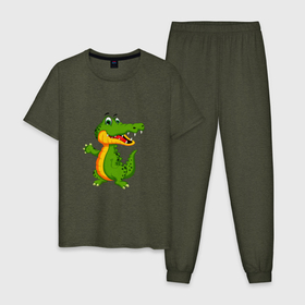 Мужская пижама хлопок с принтом Зеленый крокодильчик машет в Новосибирске, 100% хлопок | брюки и футболка прямого кроя, без карманов, на брюках мягкая резинка на поясе и по низу штанин
 | Тематика изображения на принте: детские | животные | зеленый | картинки | крокодил | мультфильм | популярные | хвост | челюсть