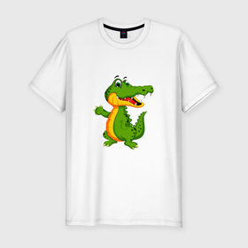 Мужская футболка хлопок Slim с принтом Зеленый крокодильчик машет в Курске, 92% хлопок, 8% лайкра | приталенный силуэт, круглый вырез ворота, длина до линии бедра, короткий рукав | детские | животные | зеленый | картинки | крокодил | мультфильм | популярные | хвост | челюсть