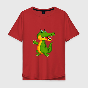 Мужская футболка хлопок Oversize с принтом Зеленый крокодильчик машет в Кировске, 100% хлопок | свободный крой, круглый ворот, “спинка” длиннее передней части | детские | животные | зеленый | картинки | крокодил | мультфильм | популярные | хвост | челюсть