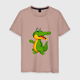 Мужская футболка хлопок с принтом Зеленый крокодильчик машет в Санкт-Петербурге, 100% хлопок | прямой крой, круглый вырез горловины, длина до линии бедер, слегка спущенное плечо. | детские | животные | зеленый | картинки | крокодил | мультфильм | популярные | хвост | челюсть