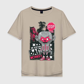 Мужская футболка хлопок Oversize с принтом Плохая обезьяна в Курске, 100% хлопок | свободный крой, круглый ворот, “спинка” длиннее передней части | Тематика изображения на принте: абстракция | анархия | город | дым | животные | звери | криминал | обезьяна | хаос