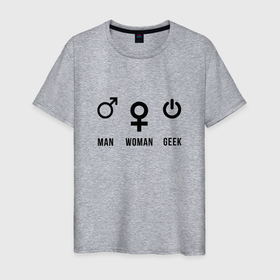 Мужская футболка хлопок с принтом MAN | WOMAN | GEEK в Белгороде, 100% хлопок | прямой крой, круглый вырез горловины, длина до линии бедер, слегка спущенное плечо. | geek | man | text | woman | другу | женщина | мем | мужчина | надпись | подарок | прикол | прикольная | смысл | со смыслом | статус | текст