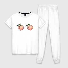 Женская пижама хлопок с принтом Два персика в Тюмени, 100% хлопок | брюки и футболка прямого кроя, без карманов, на брюках мягкая резинка на поясе и по низу штанин | Тематика изображения на принте: fruit | peach | персик | персики | фрукты