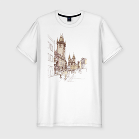 Мужская футболка хлопок Slim с принтом Город Прага , 92% хлопок, 8% лайкра | приталенный силуэт, круглый вырез ворота, длина до линии бедра, короткий рукав | Тематика изображения на принте: город | дома | европа | замки | замок | люди | отдых | прага | туризм | туристы | чехия