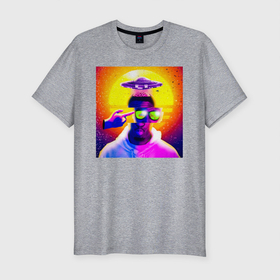 Мужская футболка хлопок Slim с принтом Brain Out в Санкт-Петербурге, 92% хлопок, 8% лайкра | приталенный силуэт, круглый вырез ворота, длина до линии бедра, короткий рукав | винтаж | игра | космос | мужчина | неон | нло | планета | пришельцы | ретро | солнце | человек | яркость
