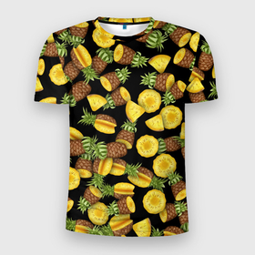 Мужская футболка 3D Slim с принтом Ананасы в Петрозаводске, 100% полиэстер с улучшенными характеристиками | приталенный силуэт, круглая горловина, широкие плечи, сужается к линии бедра | anans | pineapple | ананас | ананасовый | паттерн | свингеры | тропики | тропический | фрукты