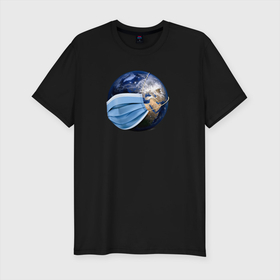 Мужская футболка хлопок Slim с принтом Планета Земля в маске в Санкт-Петербурге, 92% хлопок, 8% лайкра | приталенный силуэт, круглый вырез ворота, длина до линии бедра, короткий рукав | covid | covid19 | защита | земля | корона | коронавирус | маска | пандемия | планета