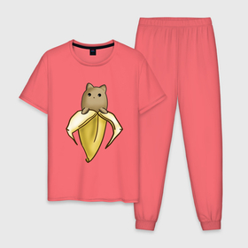Мужская пижама хлопок с принтом Котёнок в Тюмени, 100% хлопок | брюки и футболка прямого кроя, без карманов, на брюках мягкая резинка на поясе и по низу штанин
 | Тематика изображения на принте: котёнок | котёнок в банане | мем | милый котёнок | минимализм | прикол