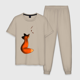 Мужская пижама хлопок с принтом Лисёнок в Новосибирске, 100% хлопок | брюки и футболка прямого кроя, без карманов, на брюках мягкая резинка на поясе и по низу штанин
 | лиса | лисёнок с листьями | листья | осень | рыжий лис