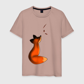 Мужская футболка хлопок с принтом Лисёнок в Кировске, 100% хлопок | прямой крой, круглый вырез горловины, длина до линии бедер, слегка спущенное плечо. | лиса | лисёнок с листьями | листья | осень | рыжий лис