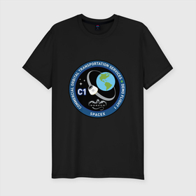 Мужская футболка хлопок Slim с принтом SPACE X С1 в Екатеринбурге, 92% хлопок, 8% лайкра | приталенный силуэт, круглый вырез ворота, длина до линии бедра, короткий рукав | dragon | falcon | planets | ship | stars | вселенная | космос | планеты