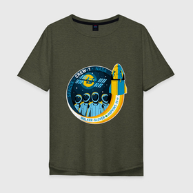 Мужская футболка хлопок Oversize с принтом SPACE X CREW 1 в Кировске, 100% хлопок | свободный крой, круглый ворот, “спинка” длиннее передней части | Тематика изображения на принте: dragon | falcon | planets | ship | stars | вселенная | космос | планеты