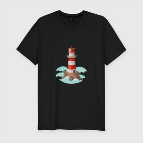Мужская футболка хлопок Slim с принтом Маяк на острове среди волн в Санкт-Петербурге, 92% хлопок, 8% лайкра | приталенный силуэт, круглый вырез ворота, длина до линии бедра, короткий рукав | волны | картинки | лето | маяк | остров | пляж | популярные | птицы