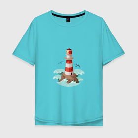 Мужская футболка хлопок Oversize с принтом Маяк на острове среди волн , 100% хлопок | свободный крой, круглый ворот, “спинка” длиннее передней части | волны | картинки | лето | маяк | остров | пляж | популярные | птицы