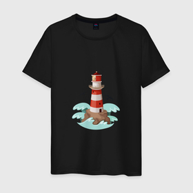 Мужская футболка хлопок с принтом Маяк на острове среди волн , 100% хлопок | прямой крой, круглый вырез горловины, длина до линии бедер, слегка спущенное плечо. | волны | картинки | лето | маяк | остров | пляж | популярные | птицы