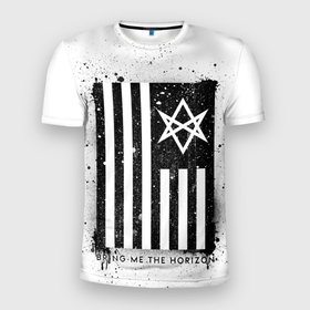 Мужская футболка 3D Slim с принтом BMTH флаг в Кировске, 100% полиэстер с улучшенными характеристиками | приталенный силуэт, круглая горловина, широкие плечи, сужается к линии бедра | bmth | bring me the horizon | horizon | группы | музыка | рок
