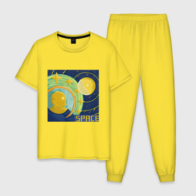 Мужская пижама хлопок с принтом Space Oddity 42 в Петрозаводске, 100% хлопок | брюки и футболка прямого кроя, без карманов, на брюках мягкая резинка на поясе и по низу штанин
 | Тематика изображения на принте: blue | moon | space | spaceman | star | желтый | звезда | звезды | космонавт | космос | луна