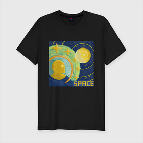 Мужская футболка хлопок Slim с принтом Space Oddity 42 в Курске, 92% хлопок, 8% лайкра | приталенный силуэт, круглый вырез ворота, длина до линии бедра, короткий рукав | blue | moon | space | spaceman | star | желтый | звезда | звезды | космонавт | космос | луна