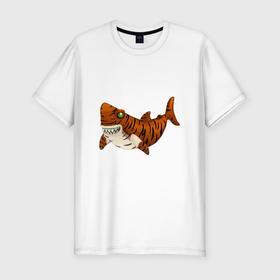 Мужская футболка хлопок Slim с принтом Tiger Shark в Белгороде, 92% хлопок, 8% лайкра | приталенный силуэт, круглый вырез ворота, длина до линии бедра, короткий рукав | 2022 | animal | cat | fish | lion | tiger | акула | год тигра | животные | зверь | зубы | кот | кошка | лев | охотник | полосатый | природа | рыба | рыбак | рыбалка | тигр | тигренок | тигрица | хищник