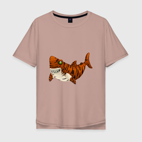 Мужская футболка хлопок Oversize с принтом Tiger Shark в Екатеринбурге, 100% хлопок | свободный крой, круглый ворот, “спинка” длиннее передней части | Тематика изображения на принте: 2022 | animal | cat | fish | lion | tiger | акула | год тигра | животные | зверь | зубы | кот | кошка | лев | охотник | полосатый | природа | рыба | рыбак | рыбалка | тигр | тигренок | тигрица | хищник