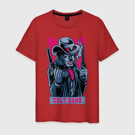 Мужская футболка хлопок с принтом Скелетон с пистолетами в Курске, 100% хлопок | прямой крой, круглый вырез горловины, длина до линии бедер, слегка спущенное плечо. | гранж | дым | пистолет | скелетон | уличный стиль | шляпа