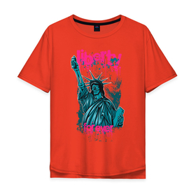 Мужская футболка хлопок Oversize с принтом Скелетон статуя свободы в Санкт-Петербурге, 100% хлопок | свободный крой, круглый ворот, “спинка” длиннее передней части | Тематика изображения на принте: баллон | корона | свобода | спрей | статуя | уличный стиль