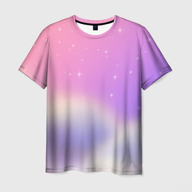 Мужская футболка 3D с принтом Звёздное небо розовый закат в Санкт-Петербурге, 100% полиэфир | прямой крой, круглый вырез горловины, длина до линии бедер | Тематика изображения на принте: закат | звёзды | магия | небо | облака | пейзаж | романтика | фентези