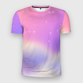 Мужская футболка 3D Slim с принтом Звёздное небо розовый закат в Екатеринбурге, 100% полиэстер с улучшенными характеристиками | приталенный силуэт, круглая горловина, широкие плечи, сужается к линии бедра | закат | звёзды | магия | небо | облака | пейзаж | романтика | фентези