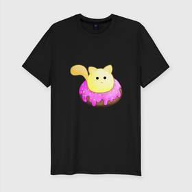 Мужская футболка хлопок Slim с принтом Котёнок в пончике в Санкт-Петербурге, 92% хлопок, 8% лайкра | приталенный силуэт, круглый вырез ворота, длина до линии бедра, короткий рукав | кот | кот в пончике | котёнок | котёнок в пончике | кошка | пончик | сладости