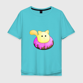 Мужская футболка хлопок Oversize с принтом Котёнок в пончике в Екатеринбурге, 100% хлопок | свободный крой, круглый ворот, “спинка” длиннее передней части | кот | кот в пончике | котёнок | котёнок в пончике | кошка | пончик | сладости