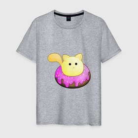 Мужская футболка хлопок с принтом Котёнок в пончике в Санкт-Петербурге, 100% хлопок | прямой крой, круглый вырез горловины, длина до линии бедер, слегка спущенное плечо. | кот | кот в пончике | котёнок | котёнок в пончике | кошка | пончик | сладости