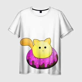 Мужская футболка 3D с принтом Котик в пончике в Кировске, 100% полиэфир | прямой крой, круглый вырез горловины, длина до линии бедер | кот | кот в пончике | котёнок | котёнок в пончике | пончик | сладости