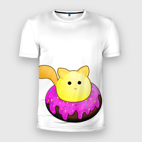Мужская футболка 3D Slim с принтом Котик в пончике , 100% полиэстер с улучшенными характеристиками | приталенный силуэт, круглая горловина, широкие плечи, сужается к линии бедра | Тематика изображения на принте: кот | кот в пончике | котёнок | котёнок в пончике | пончик | сладости