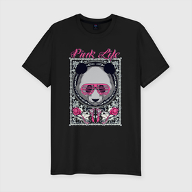 Мужская футболка хлопок Slim с принтом Панда в розовых очках в Кировске, 92% хлопок, 8% лайкра | приталенный силуэт, круглый вырез ворота, длина до линии бедра, короткий рукав | голова | животное | медведь | очки | панда | роза | розы | цветы
