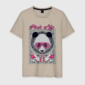 Мужская футболка хлопок с принтом Панда в розовых очках в Тюмени, 100% хлопок | прямой крой, круглый вырез горловины, длина до линии бедер, слегка спущенное плечо. | голова | животное | медведь | очки | панда | роза | розы | цветы