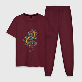 Мужская пижама хлопок с принтом Зелёный китайский дракон в Рязани, 100% хлопок | брюки и футболка прямого кроя, без карманов, на брюках мягкая резинка на поясе и по низу штанин
 | angry | china | chineese | cloud | culture | dragon | green | japan | long | lun | serpent | snake | девять сыновей дракона | дилун | злой дракон | змей | инлун | китай | китайская | культура | лун | лунван | облачный | поднебесная