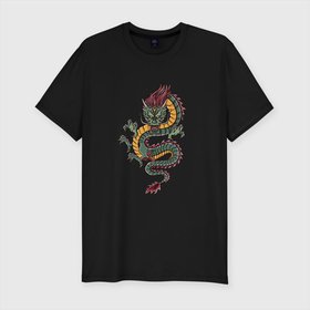 Мужская футболка хлопок Slim с принтом Зелёный китайский дракон в Санкт-Петербурге, 92% хлопок, 8% лайкра | приталенный силуэт, круглый вырез ворота, длина до линии бедра, короткий рукав | Тематика изображения на принте: angry | china | chineese | cloud | culture | dragon | green | japan | long | lun | serpent | snake | девять сыновей дракона | дилун | злой дракон | змей | инлун | китай | китайская | культура | лун | лунван | облачный | поднебесная