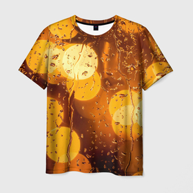 Мужская футболка 3D с принтом Дождик золотой в Новосибирске, 100% полиэфир | прямой крой, круглый вырез горловины, длина до линии бедер | bright | city | drops | evening | golden | lights | rain | wet | вечер | город | дождик | золотой | капли | мокрое | огни | стекло | яркие