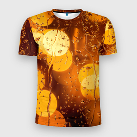 Мужская футболка 3D Slim с принтом Дождик золотой , 100% полиэстер с улучшенными характеристиками | приталенный силуэт, круглая горловина, широкие плечи, сужается к линии бедра | bright | city | drops | evening | golden | lights | rain | wet | вечер | город | дождик | золотой | капли | мокрое | огни | стекло | яркие