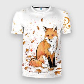 Мужская футболка 3D Slim с принтом ЛИСА В ЛИСТЬЯХ   ОСЕННЕЕ НАСТРОЕНИЕ   FOX IN THE FOREST в Белгороде, 100% полиэстер с улучшенными характеристиками | приталенный силуэт, круглая горловина, широкие плечи, сужается к линии бедра | Тематика изображения на принте: autumn | forest | fox | животные | звери | лес | лиса | листья | музыка | ноты | осень | песни | природа