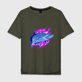 Мужская футболка хлопок Oversize с принтом Неоновая акула | Neon shark в Белгороде, 100% хлопок | свободный крой, круглый ворот, “спинка” длиннее передней части | neon | neon shark | shark | акула | неон | неоновая акула