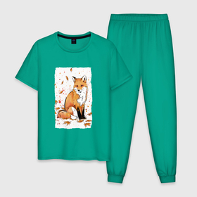 Мужская пижама хлопок с принтом ЛИСА В ЛИСТЬЯХ   ОСЕННЕЕ НАСТРОНИЕ   FOX IN THE FOREST в Белгороде, 100% хлопок | брюки и футболка прямого кроя, без карманов, на брюках мягкая резинка на поясе и по низу штанин
 | Тематика изображения на принте: animals | autumn | forest | fox | животные | звери | лес | лиса | листья | осень | природа