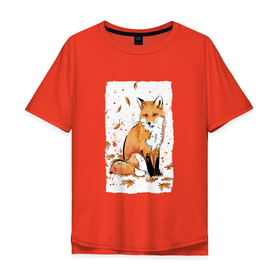 Мужская футболка хлопок Oversize с принтом ЛИСА В ЛИСТЬЯХ   ОСЕННЕЕ НАСТРОНИЕ   FOX IN THE FOREST в Петрозаводске, 100% хлопок | свободный крой, круглый ворот, “спинка” длиннее передней части | animals | autumn | forest | fox | животные | звери | лес | лиса | листья | осень | природа