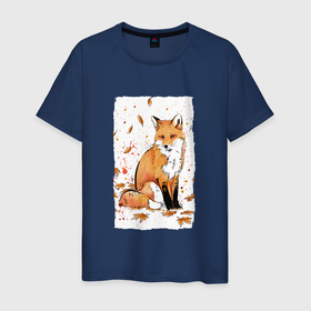 Мужская футболка хлопок с принтом ЛИСА В ЛИСТЬЯХ   ОСЕННЕЕ НАСТРОНИЕ   FOX IN THE FOREST в Санкт-Петербурге, 100% хлопок | прямой крой, круглый вырез горловины, длина до линии бедер, слегка спущенное плечо. | animals | autumn | forest | fox | животные | звери | лес | лиса | листья | осень | природа