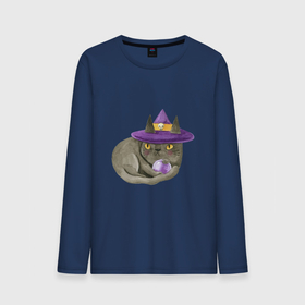Мужской лонгслив хлопок с принтом Котик МЯУ и волшебная сфера в Санкт-Петербурге, 100% хлопок |  | ведьма шляпа | ведьмина шапка | волшебная сфера | кот | кот в колпаке | кот в шляпе | котик мяу | кошка | мяу