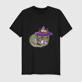 Мужская футболка хлопок Slim с принтом Котик МЯУ и волшебная сфера в Новосибирске, 92% хлопок, 8% лайкра | приталенный силуэт, круглый вырез ворота, длина до линии бедра, короткий рукав | ведьма шляпа | ведьмина шапка | волшебная сфера | кот | кот в колпаке | кот в шляпе | котик мяу | кошка | мяу