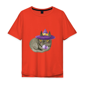 Мужская футболка хлопок Oversize с принтом Котик МЯУ и волшебная сфера в Тюмени, 100% хлопок | свободный крой, круглый ворот, “спинка” длиннее передней части | ведьма шляпа | ведьмина шапка | волшебная сфера | кот | кот в колпаке | кот в шляпе | котик мяу | кошка | мяу